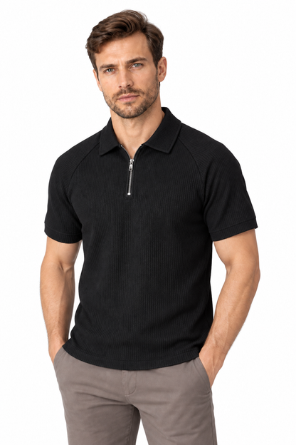 Men's Polo Shirt Textured Knit Zip Neck in Black - perto view