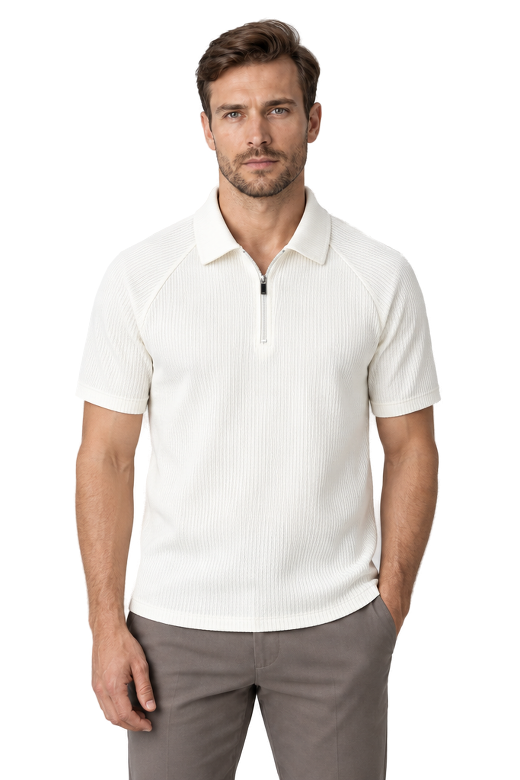 Men's Polo Shirt Textured Knit Zip Neck in White - front view
