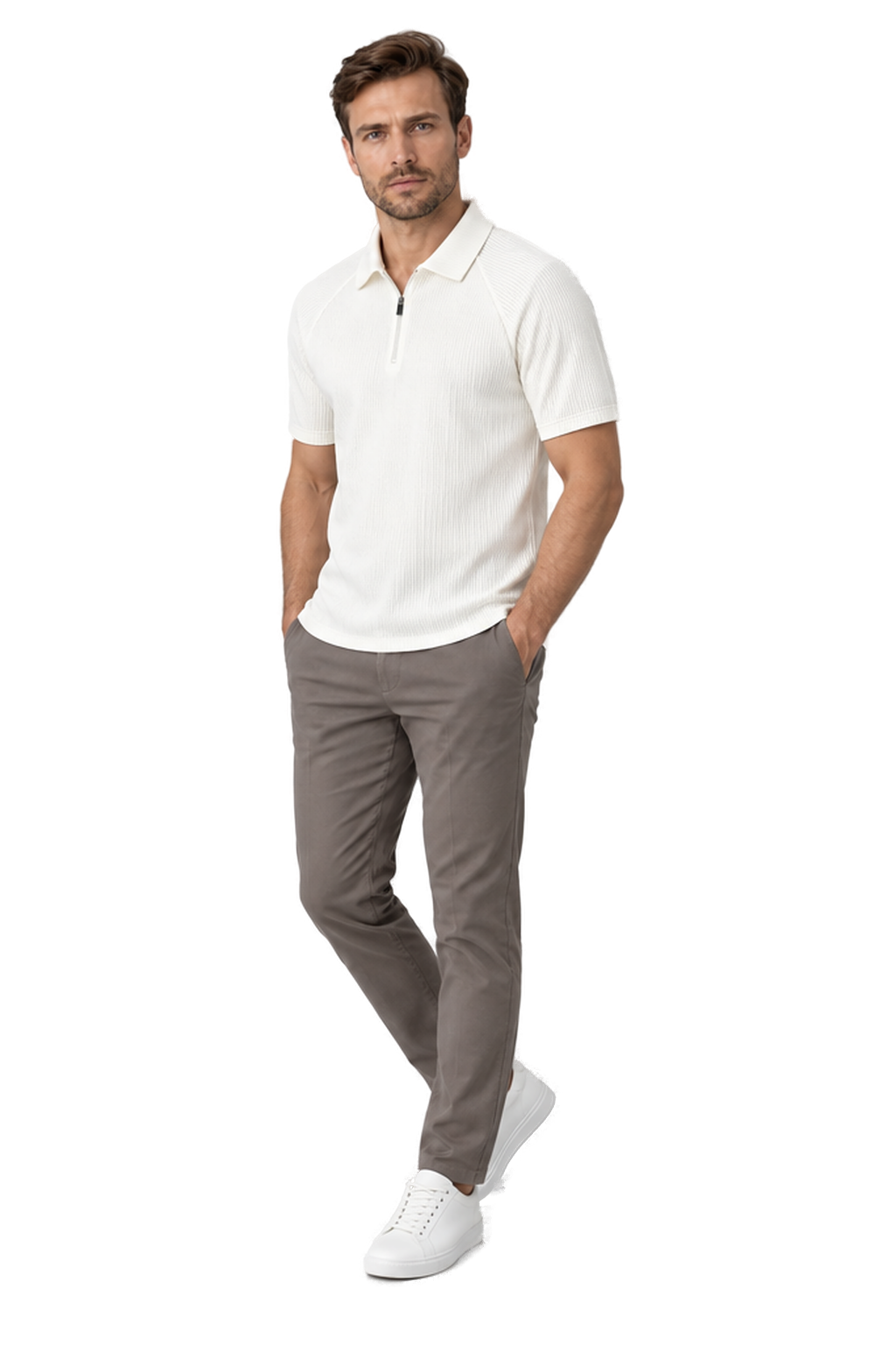 Men's Polo Shirt Textured Knit Zip Neck in White - longinho view