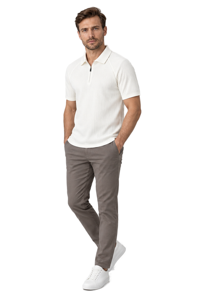 Men's Polo Shirt Textured Knit Zip Neck in White - longinho view