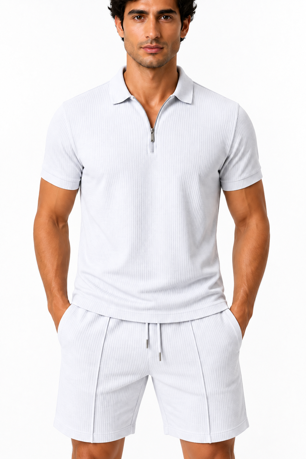 Men's Polo Shorts Set Waffle Knit Half Zip, White, fabric close-up