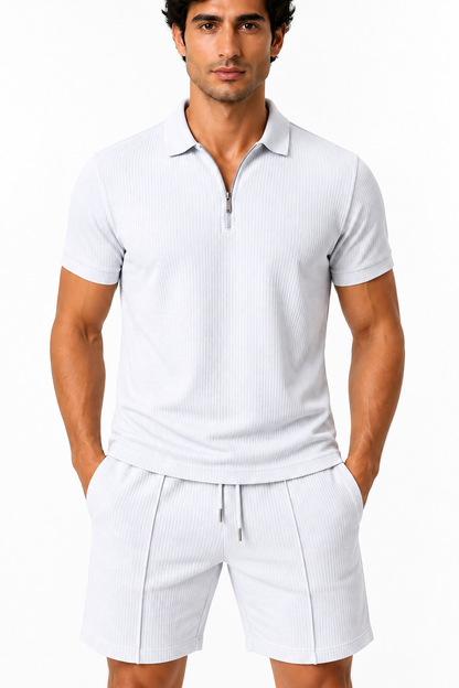 Men's Polo Shorts Set Waffle Knit Half Zip, White, fabric close-up