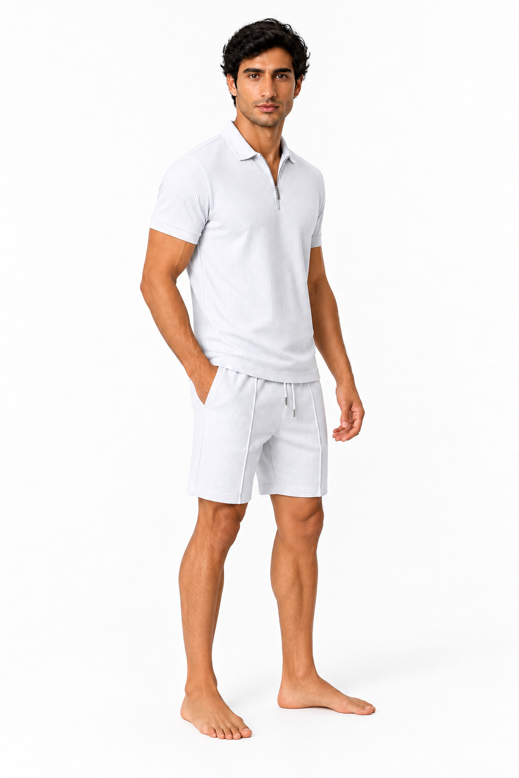 Men's Polo Shorts Set Waffle Knit Half Zip, White, side view