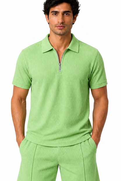 Men's Polo Shorts Set Waffle Knit Half Zip, Green, fabric close-up
