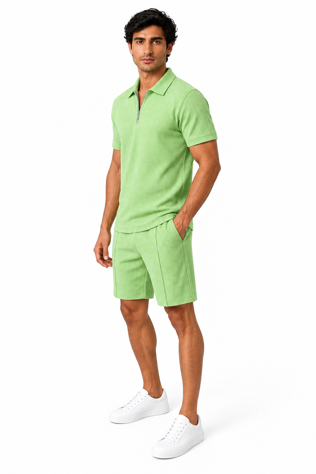 Men's Polo Shorts Set Waffle Knit Half Zip, Green, side view