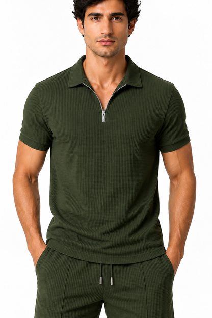 Men's Polo Shorts Set Waffle Knit Half Zip, Army Green, fabric close-up