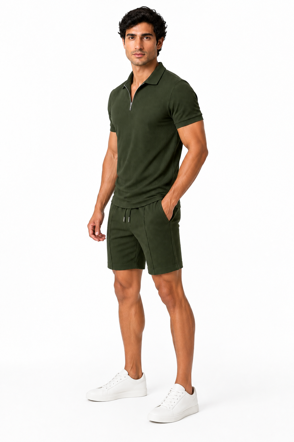 Men's Polo Shorts Set Waffle Knit Half Zip, Army Green, side view
