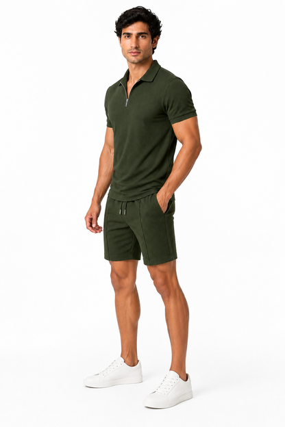Men's Polo Shorts Set Waffle Knit Half Zip, Army Green, side view