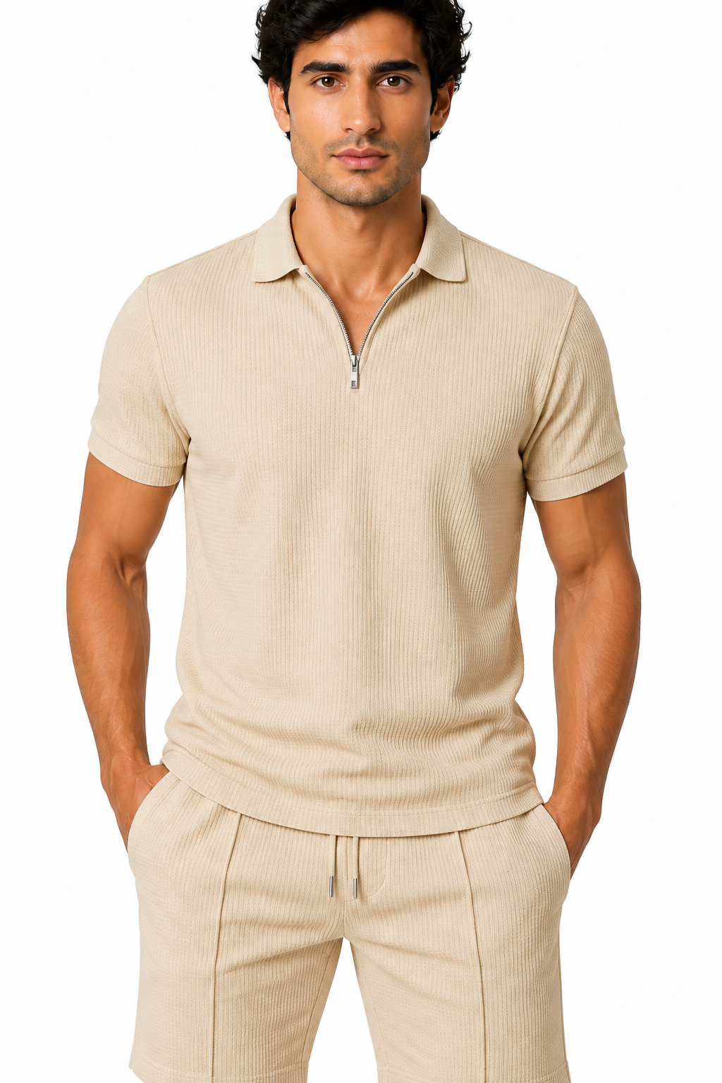 Men's Polo Shorts Set Waffle Knit Half Zip, Khaki, fabric close-up