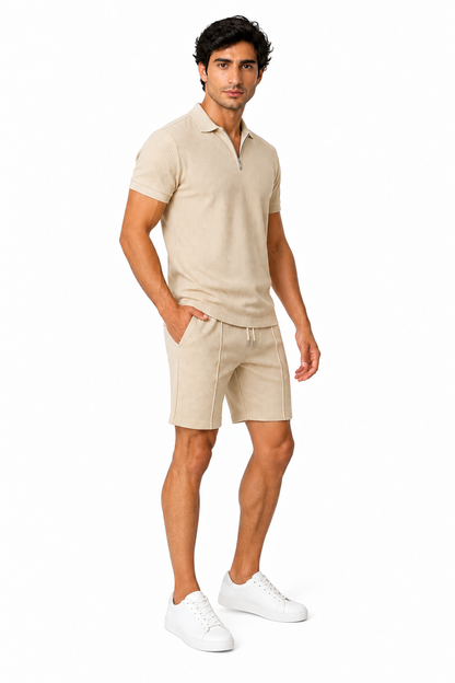Men's Polo Shorts Set Waffle Knit Half Zip, Khaki, side view