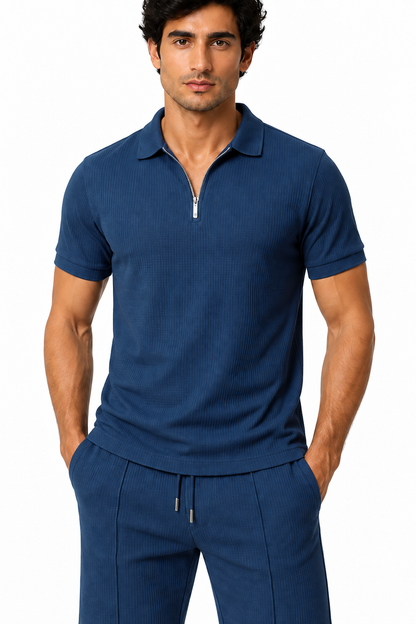 Men's Polo Shorts Set Waffle Knit Half Zip, Denim Blue, fabric close-up