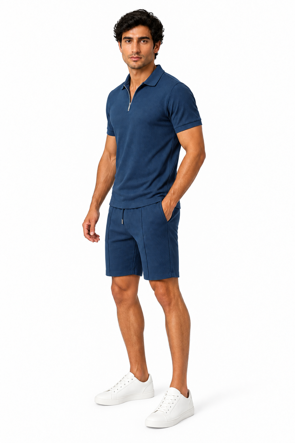 Men's Polo Shorts Set Waffle Knit Half Zip, Denim Blue, side view