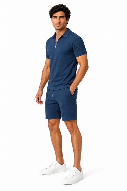 Men's Polo Shorts Set Waffle Knit Half Zip, Denim Blue, side view