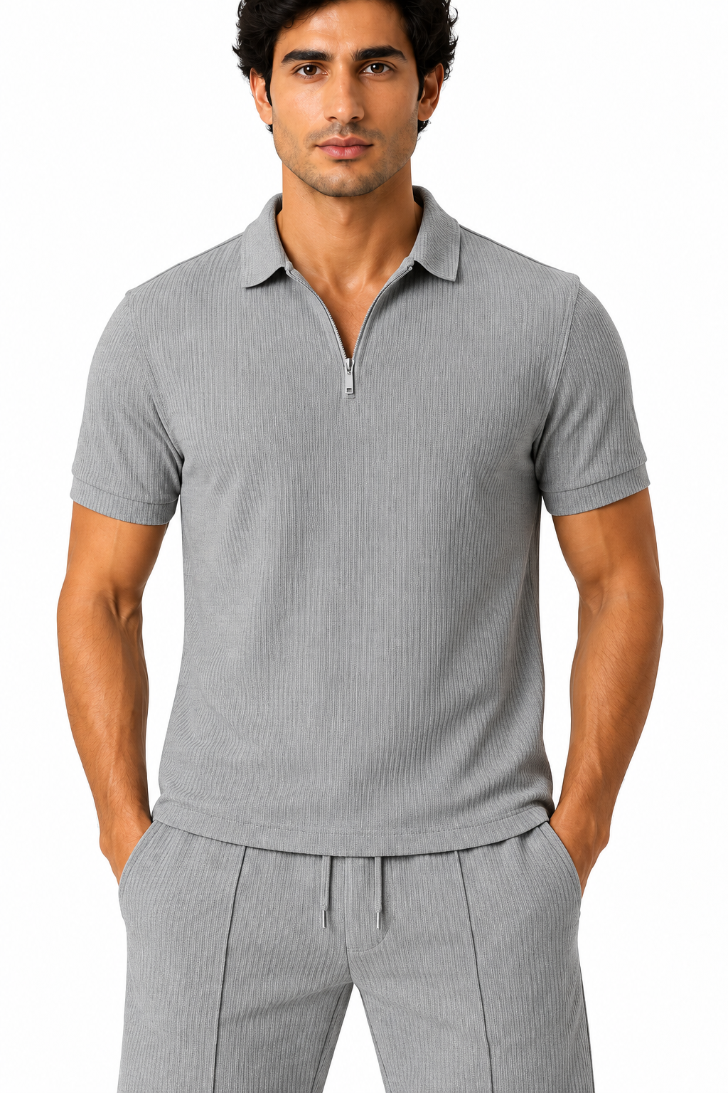 Men's Polo Shorts Set Waffle Knit Half Zip, Light Grey, fabric close-up