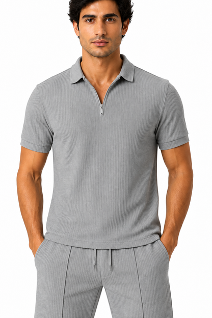 Men's Polo Shorts Set Waffle Knit Half Zip, Light Grey, fabric close-up