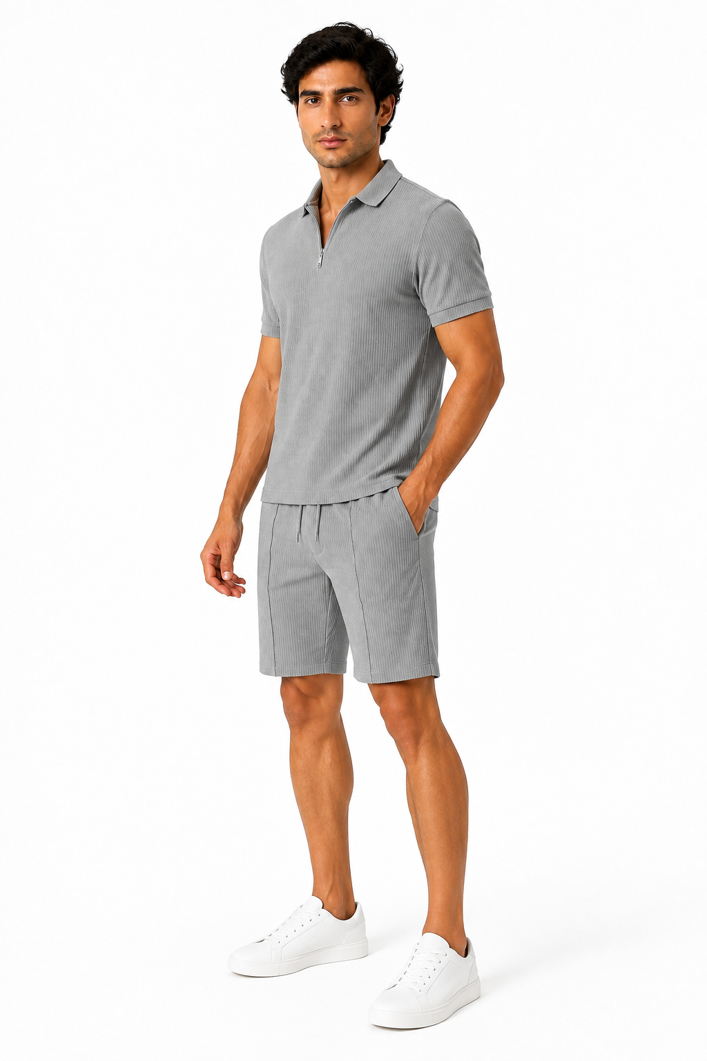 Men's Polo Shorts Set Waffle Knit Half Zip, Light Grey, side view