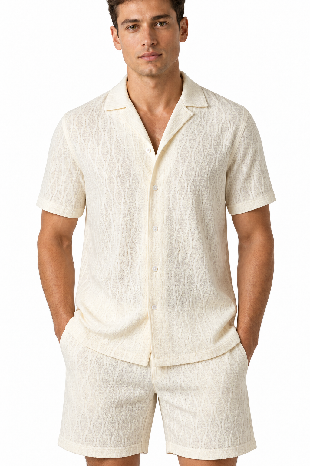 Men's Shorts Set Textured Fabric Camp Collar, Beige, fabric close-up