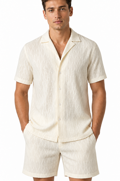 Men's Shorts Set Textured Fabric Camp Collar, Beige, fabric close-up