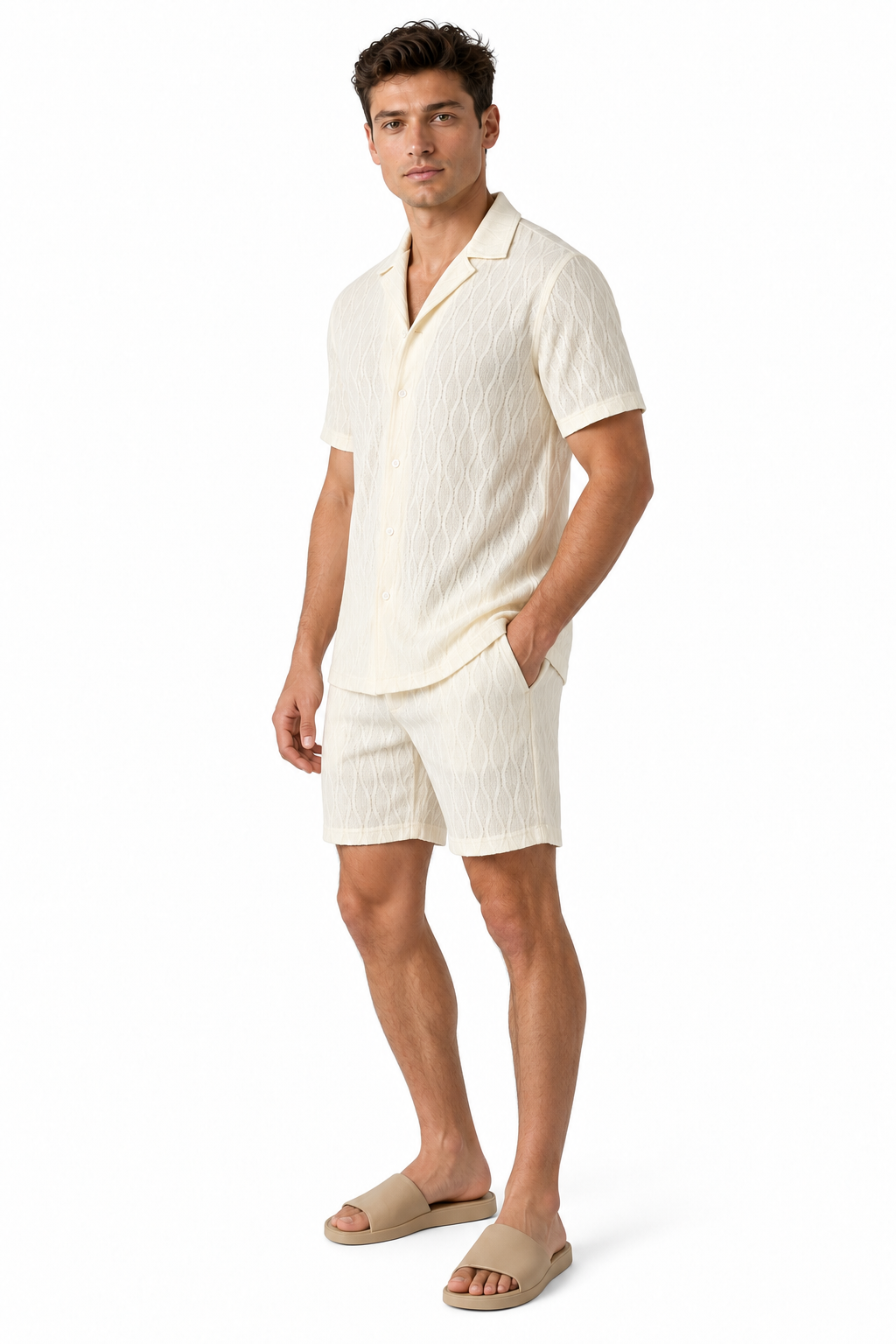 Men's Shorts Set Textured Fabric Camp Collar, Beige, side view