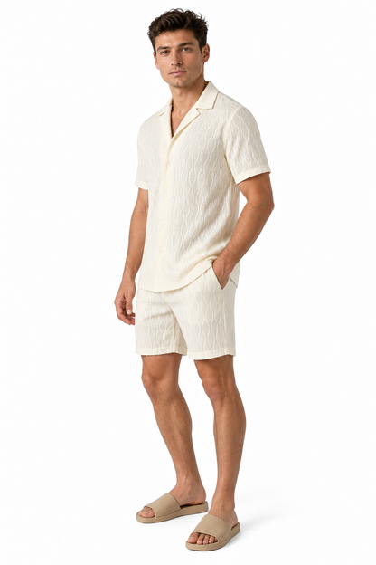 Men's Shorts Set Textured Fabric Camp Collar, Beige, side view