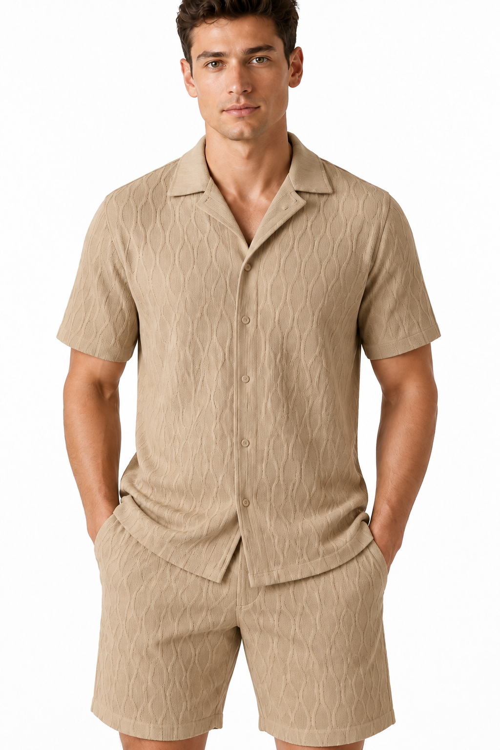 Men's Shorts Set Textured Fabric Camp Collar, Khaki, fabric close-up