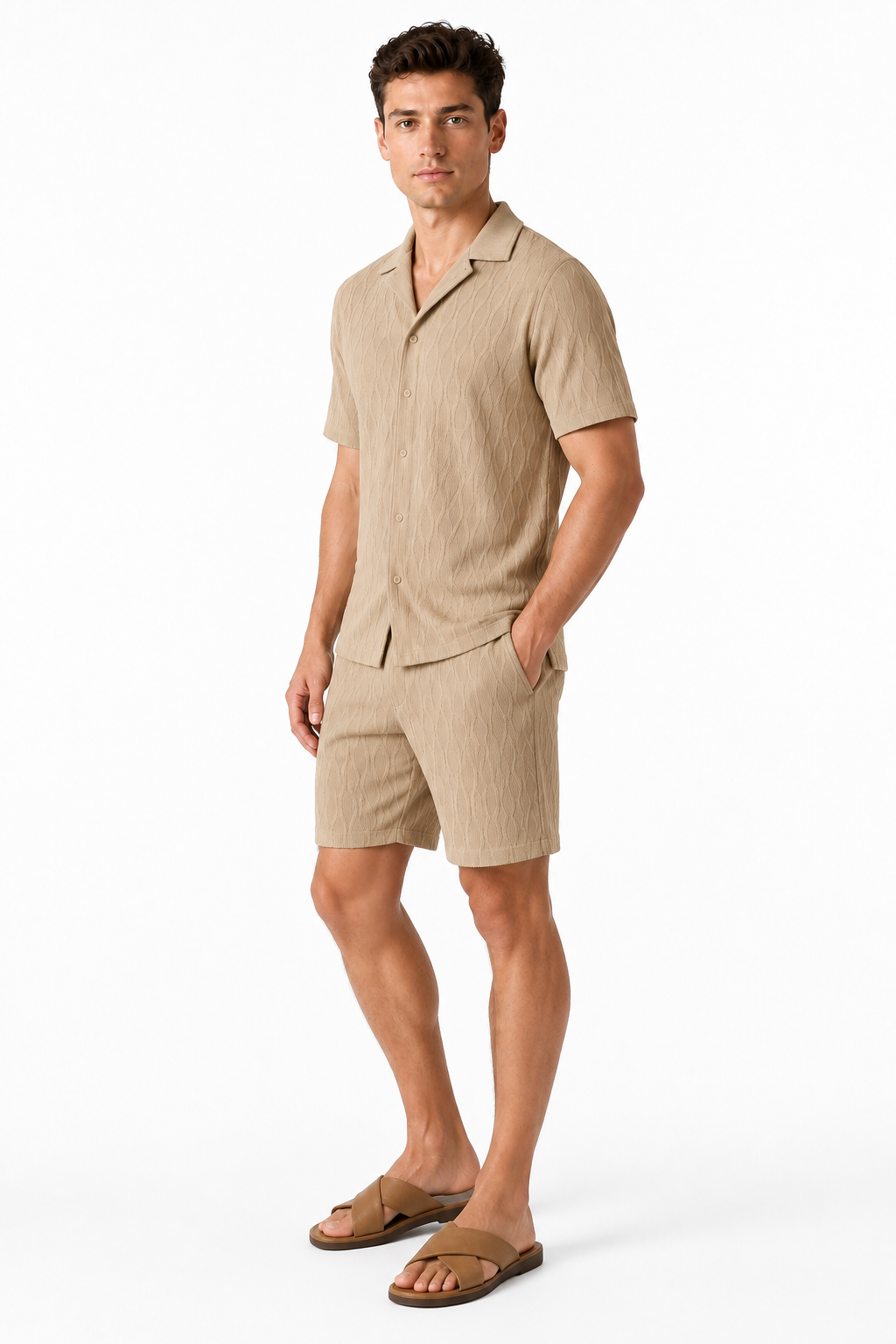 Men's Shorts Set Textured Fabric Camp Collar, Khaki, side view