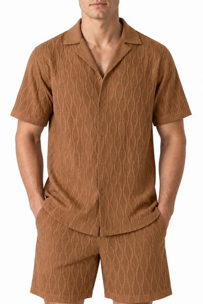 Men's Shorts Set Textured Fabric Camp Collar, Dark brown, fabric close-up