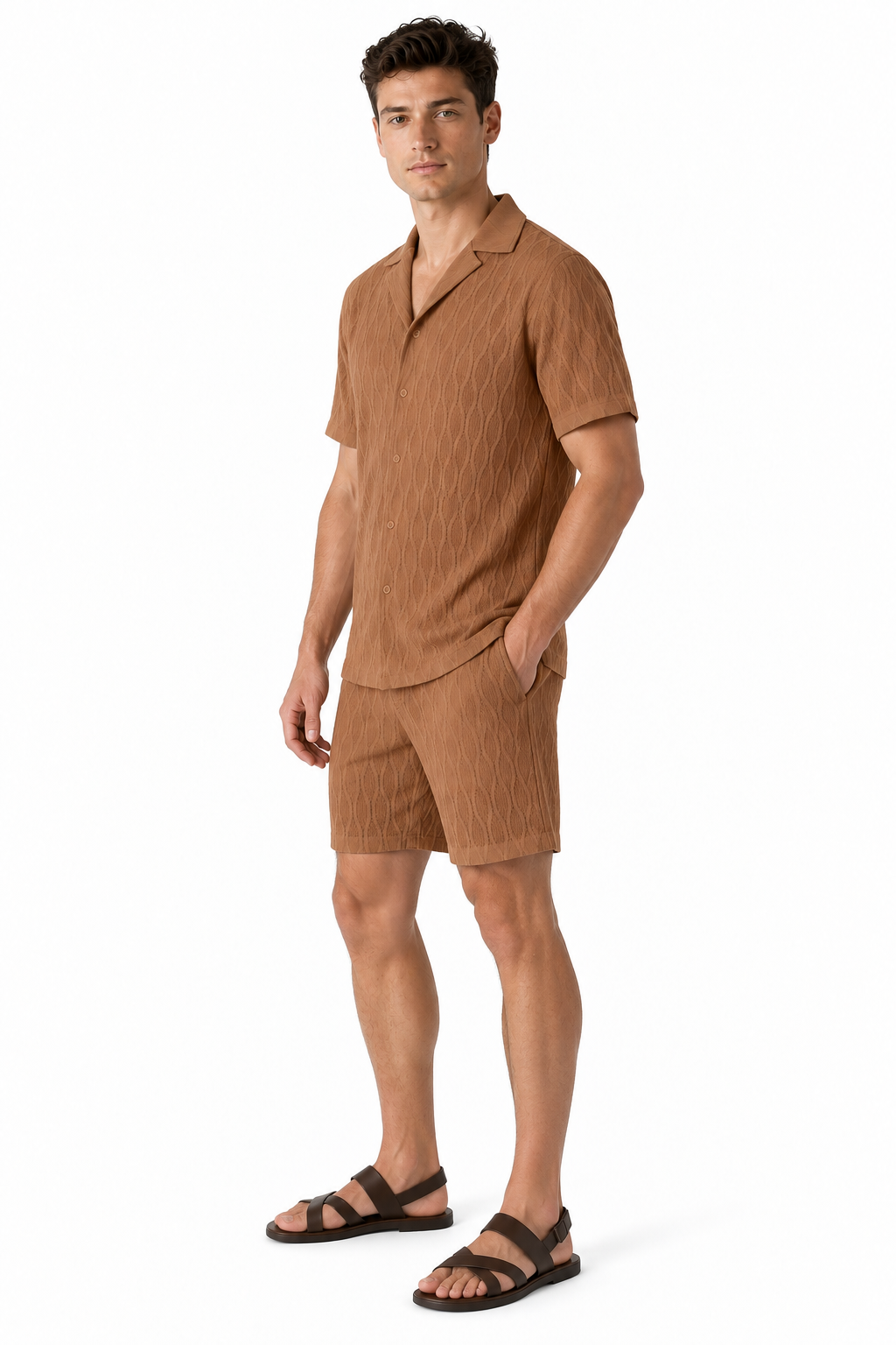 Men's Shorts Set Textured Fabric Camp Collar, Dark brown, side view