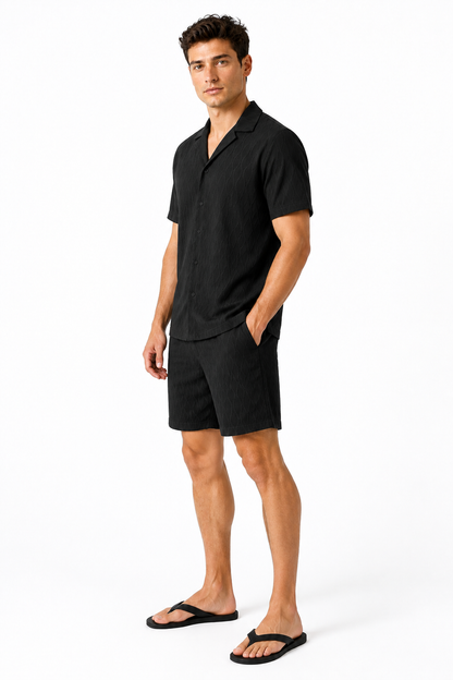 Men's Shorts Set Textured Fabric Camp Collar, Black, side view