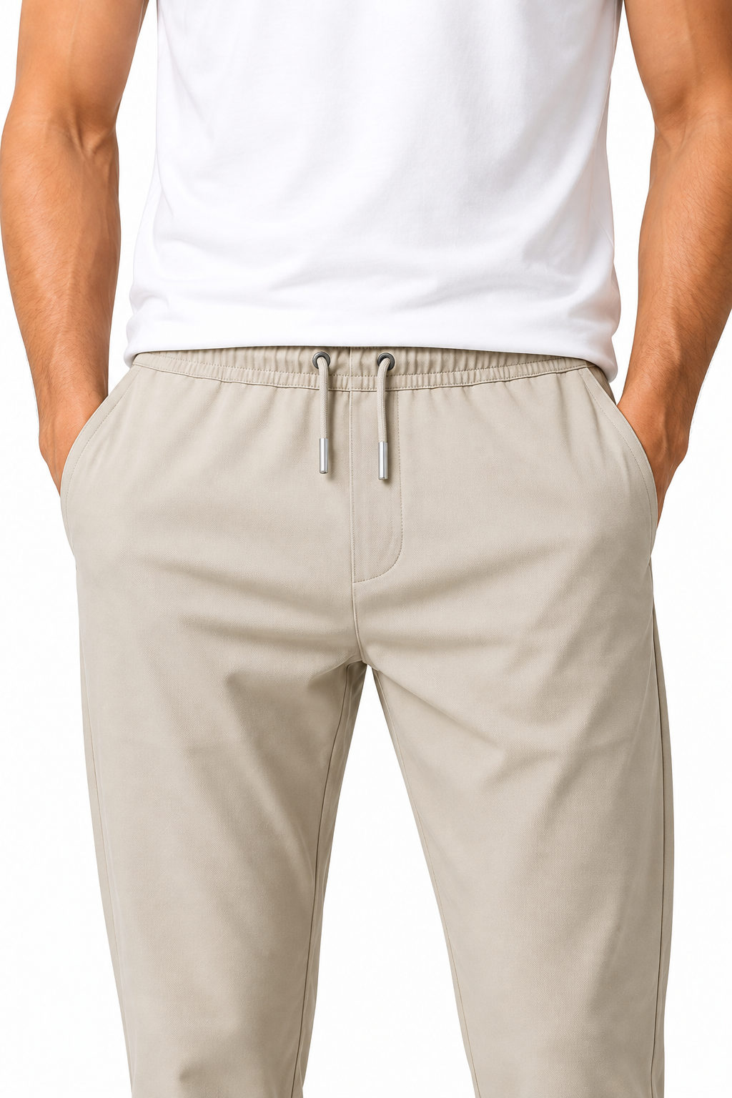 Men's Trousers Lightweight Fabric Drawstring Waist, Khaki, fabric close-up