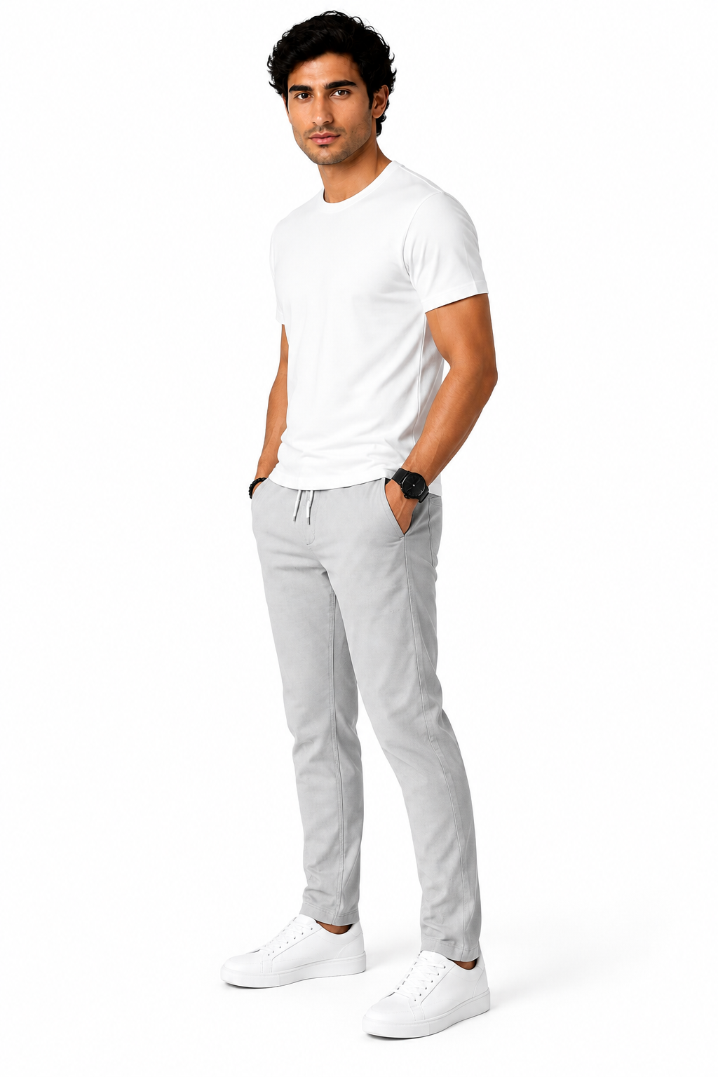 Men's Trousers Lightweight Fabric Drawstring Waist, Light Grey, side view