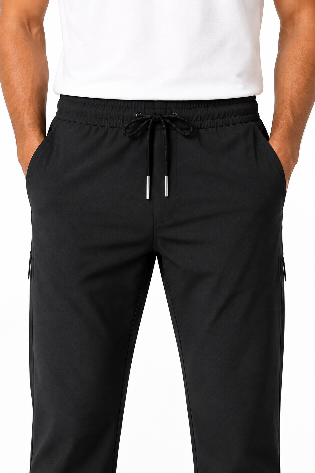 Men's Trousers Lightweight Fabric Drawstring Waist, Black and dark gray, fabric close-up