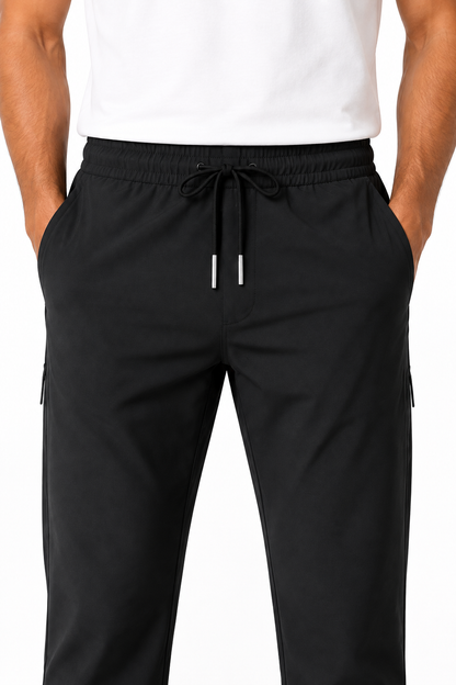 Men's Trousers Lightweight Fabric Drawstring Waist, Black and dark gray, fabric close-up