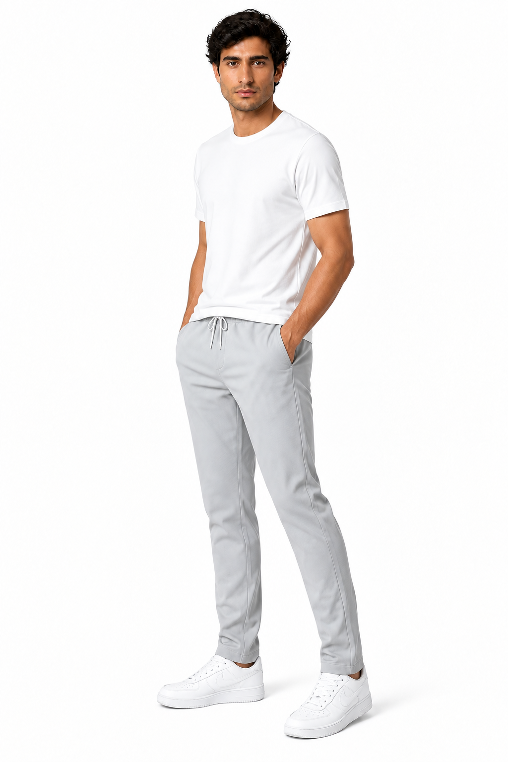 Men's Trousers Lightweight Fabric Drawstring Waist, Black Light Grey, side view
