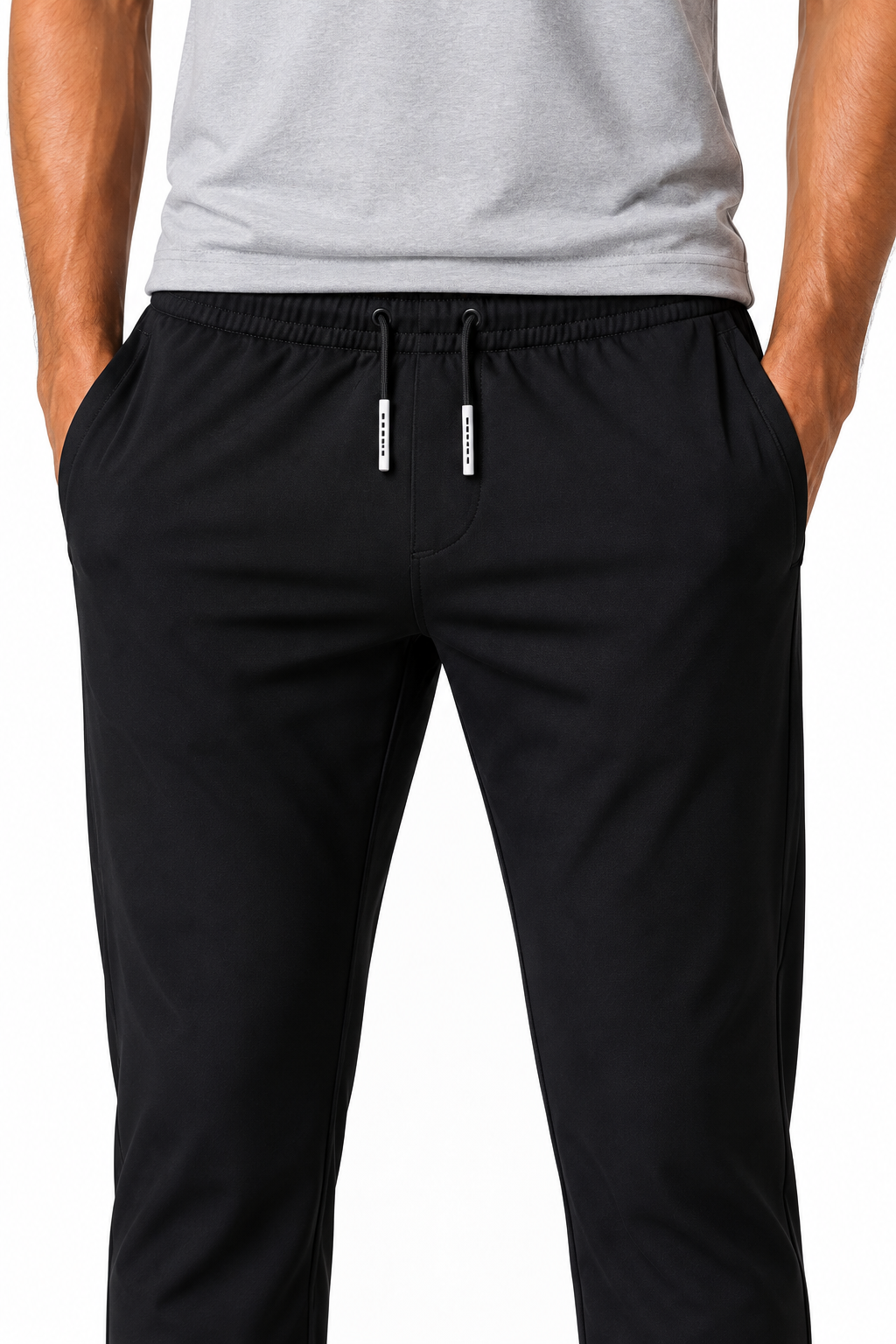 Men's Trousers Lightweight Fabric Drawstring Waist, Black 2pcs, fabric close-up
