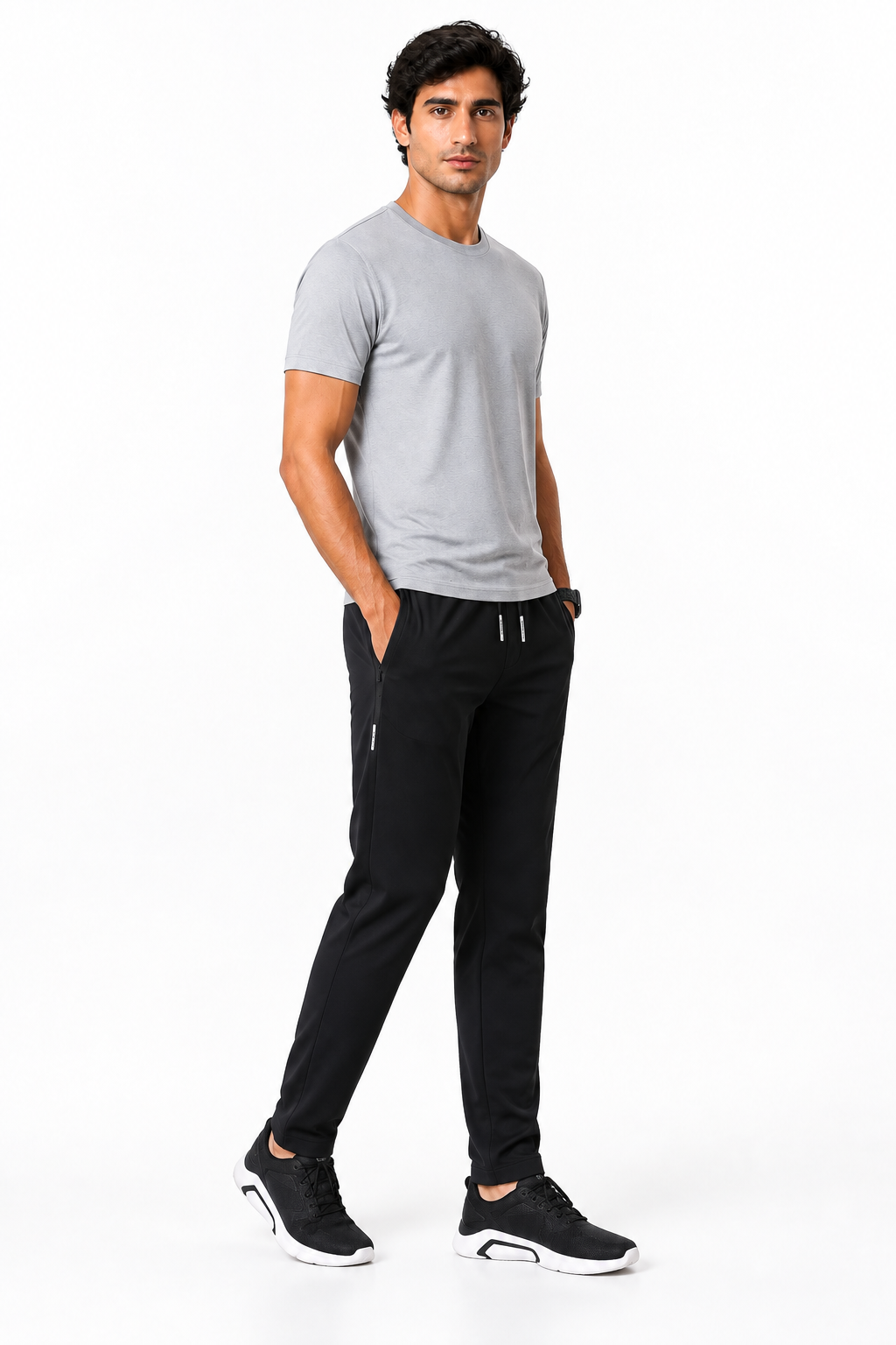 Men's Trousers Lightweight Fabric Drawstring Waist, Black 2pcs, side view