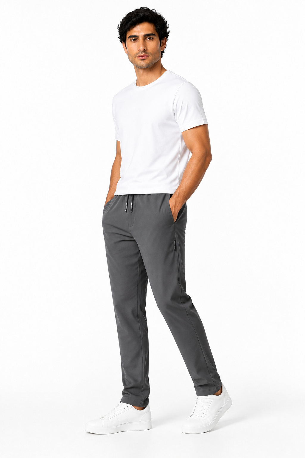 Men's Trousers Lightweight Fabric Drawstring Waist, Grey 2pcs, side view