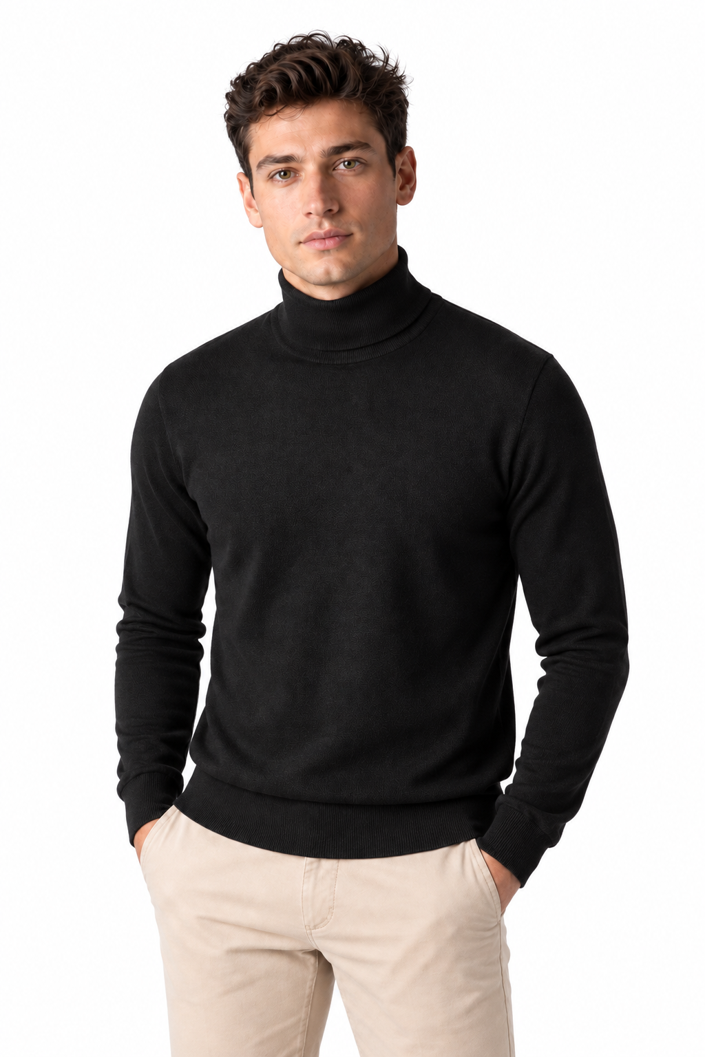 Men's Turtleneck Sweater Thermal Fabric Warm Fit in Black - perto view