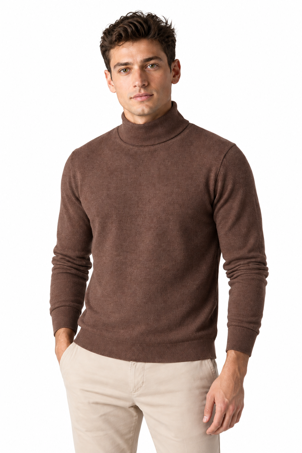 Men's Turtleneck Sweater Thermal Fabric Warm Fit in Brown - perto view