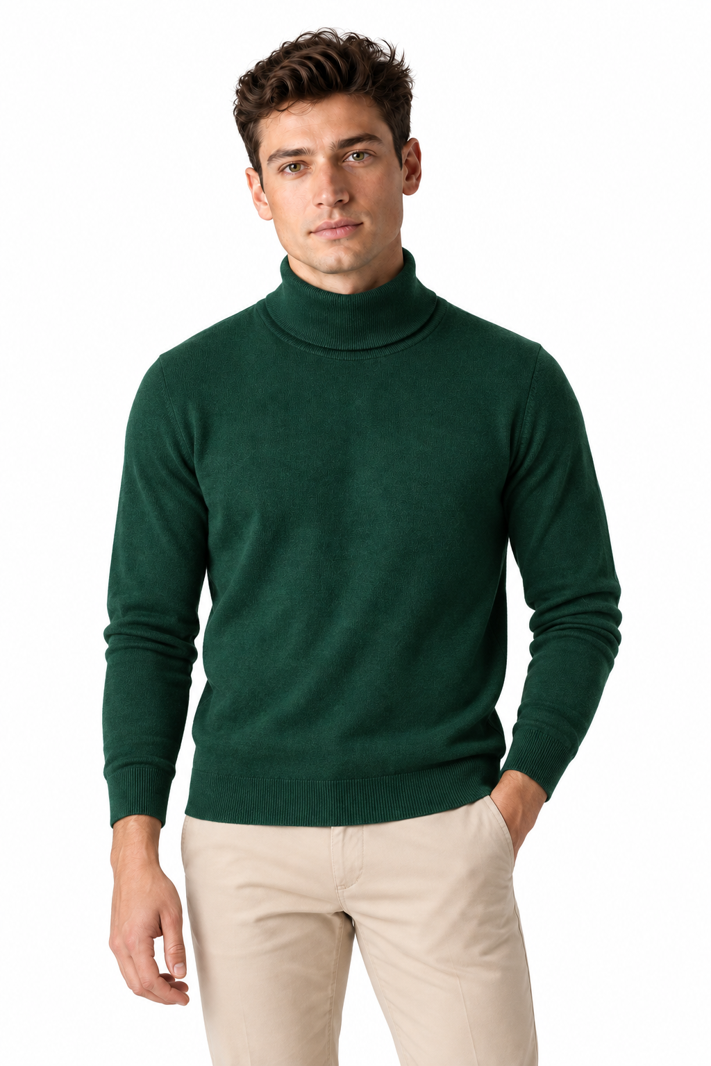 Men's Turtleneck Sweater Thermal Fabric Warm Fit in Green - perto view