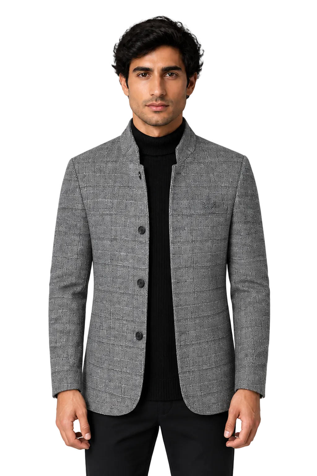 Men's Wool-Blend Jacket Checked Pattern Stand Collar in Gray - front view