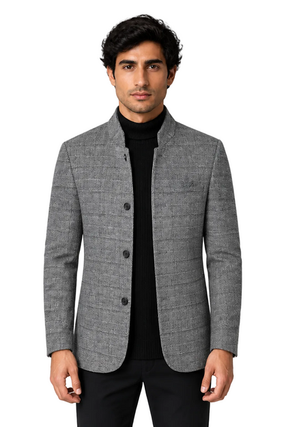 Men's Wool-Blend Jacket Checked Pattern Stand Collar in Gray - front view