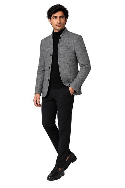Men's Wool-Blend Jacket Checked Pattern Stand Collar in Gray - longinho view