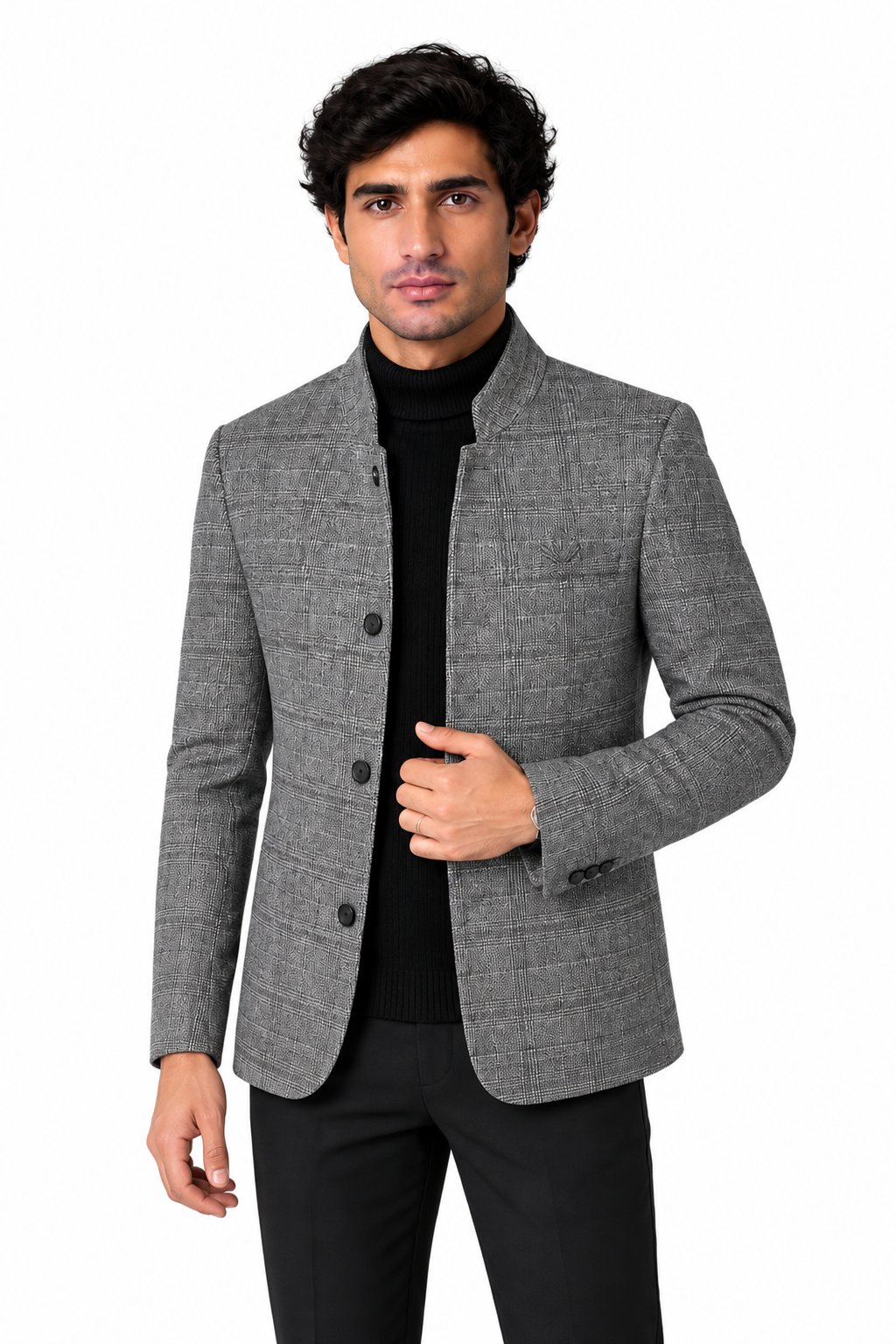 Men's Wool-Blend Jacket Checked Pattern Stand Collar in Gray - perto view