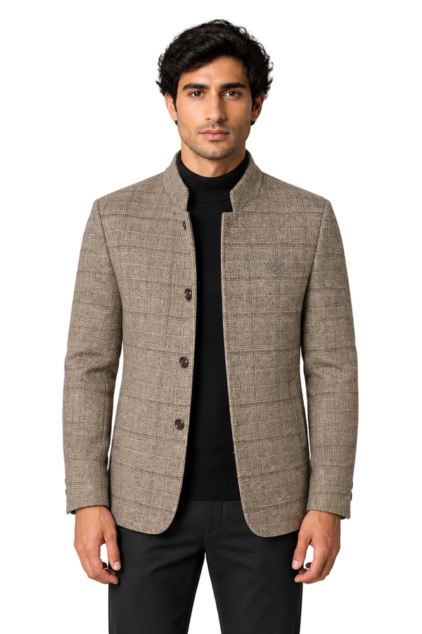 Men's Wool-Blend Jacket Checked Pattern Stand Collar in Khaki - front view