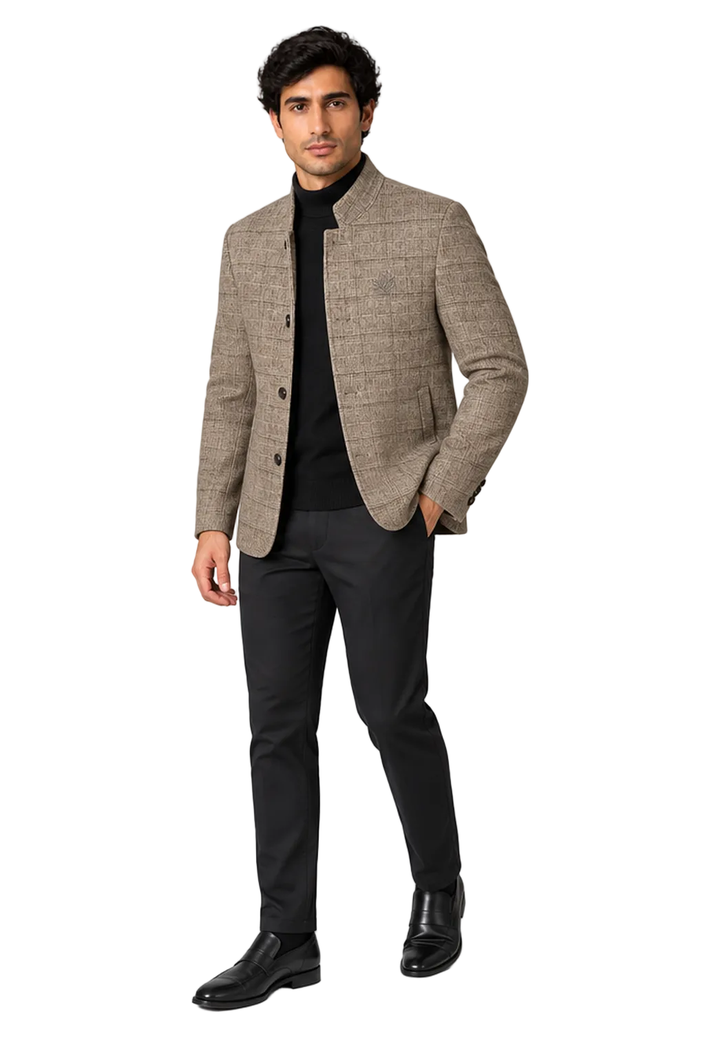 Men's Wool-Blend Jacket Checked Pattern Stand Collar in Khaki - longinho view