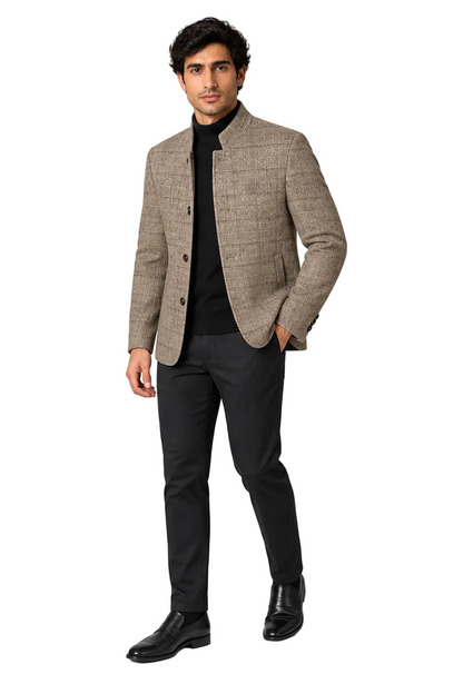 Men's Wool-Blend Jacket Checked Pattern Stand Collar in Khaki - longinho view