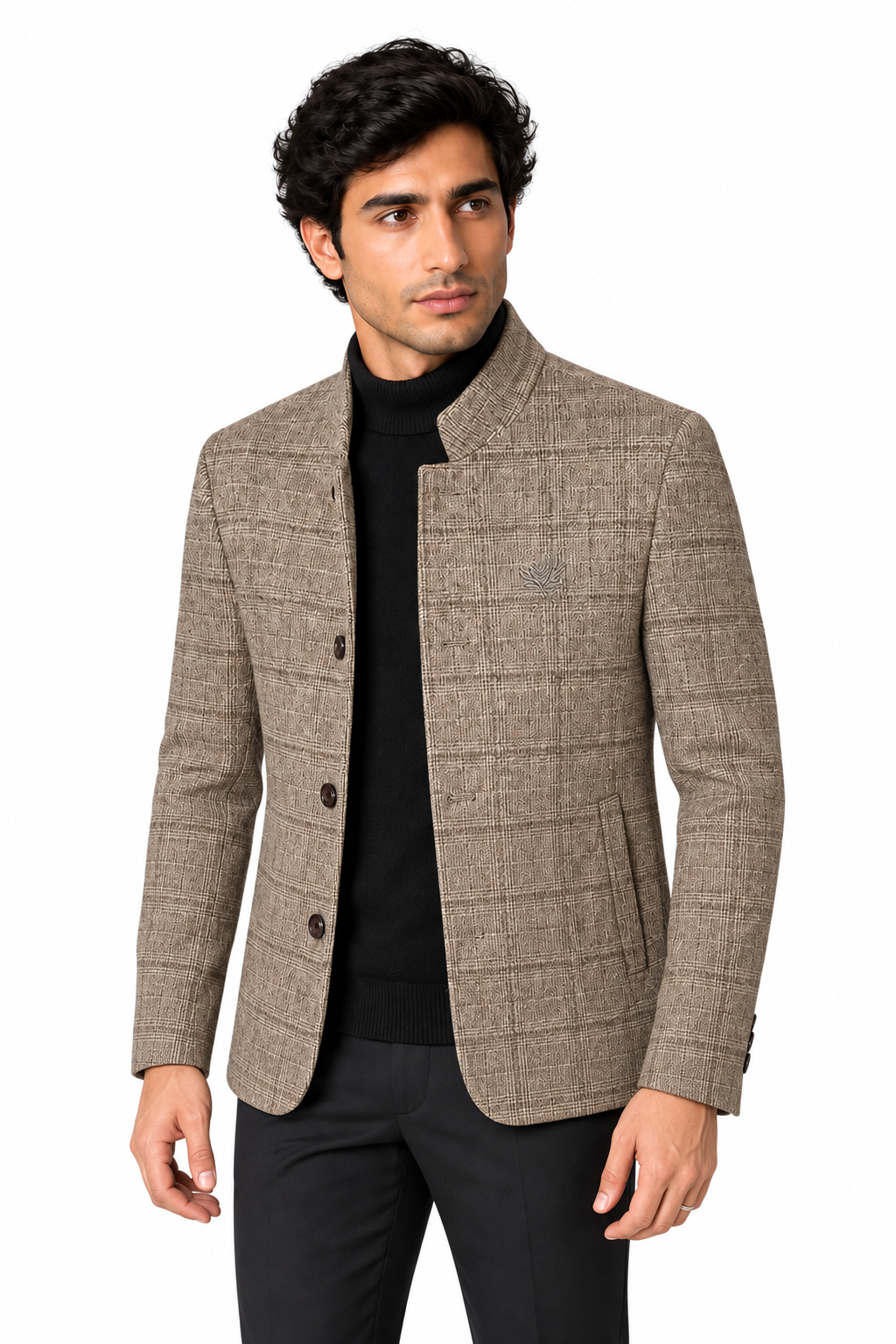 Men's Wool-Blend Jacket Checked Pattern Stand Collar in Khaki - perto view