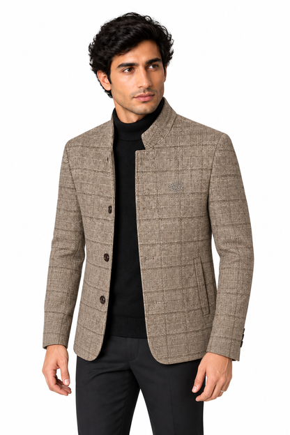 Men's Wool-Blend Jacket Checked Pattern Stand Collar in Khaki - perto view