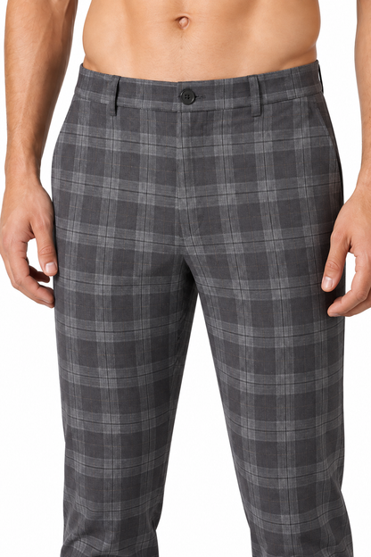 Men's Trousers Slim Fit Plaid Pattern, Dark Grey, fabric close-up